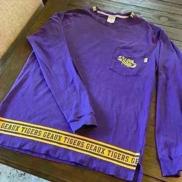 PINK LSU Shirt Long Sleeve Embroidered Women XS Oversized Victoria’s Secret - Picture 1 of 8